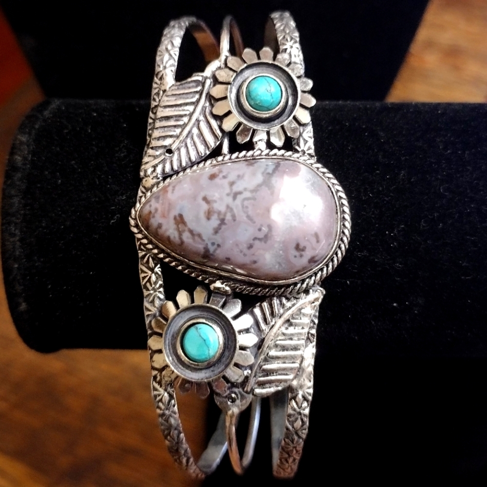 925 Sterling Silver Plated Native American Jasper Bangle Cuff